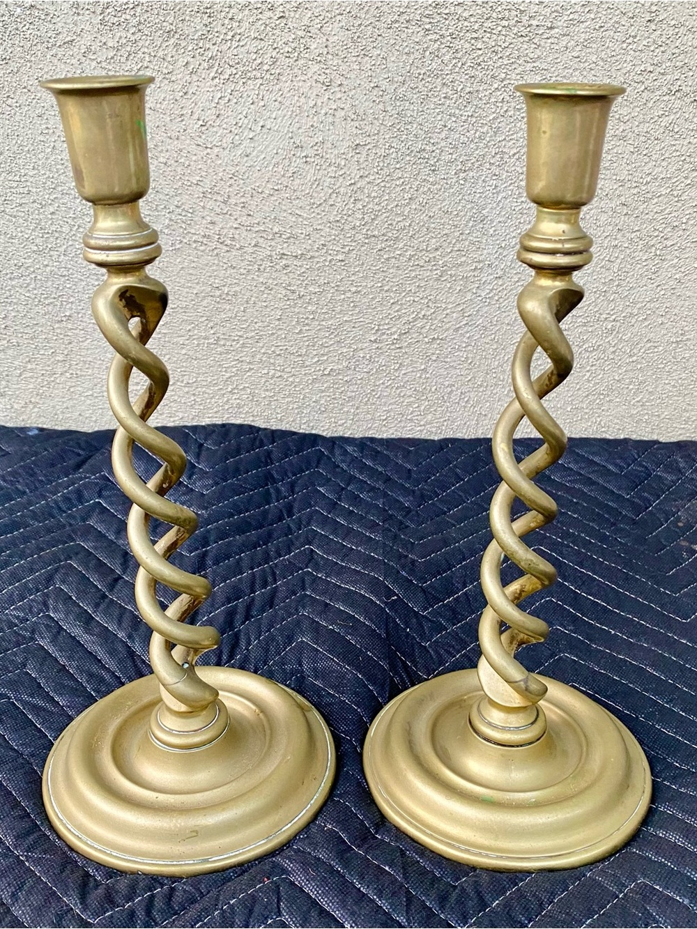 Pair of Antique Brass Barley Twist Candlestick Holders 13” Tall